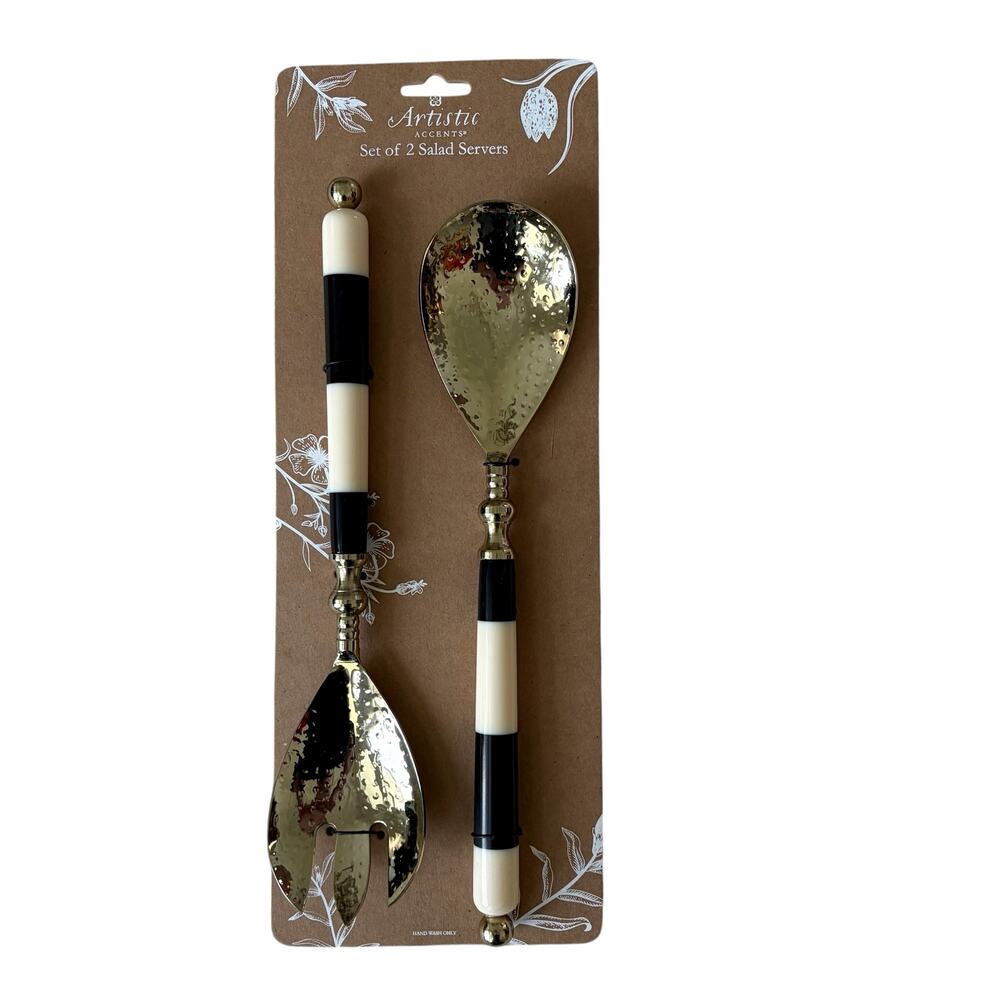 Artistic Accents Set of 2 Salad Servers Black & White Striped Gold Glam New
